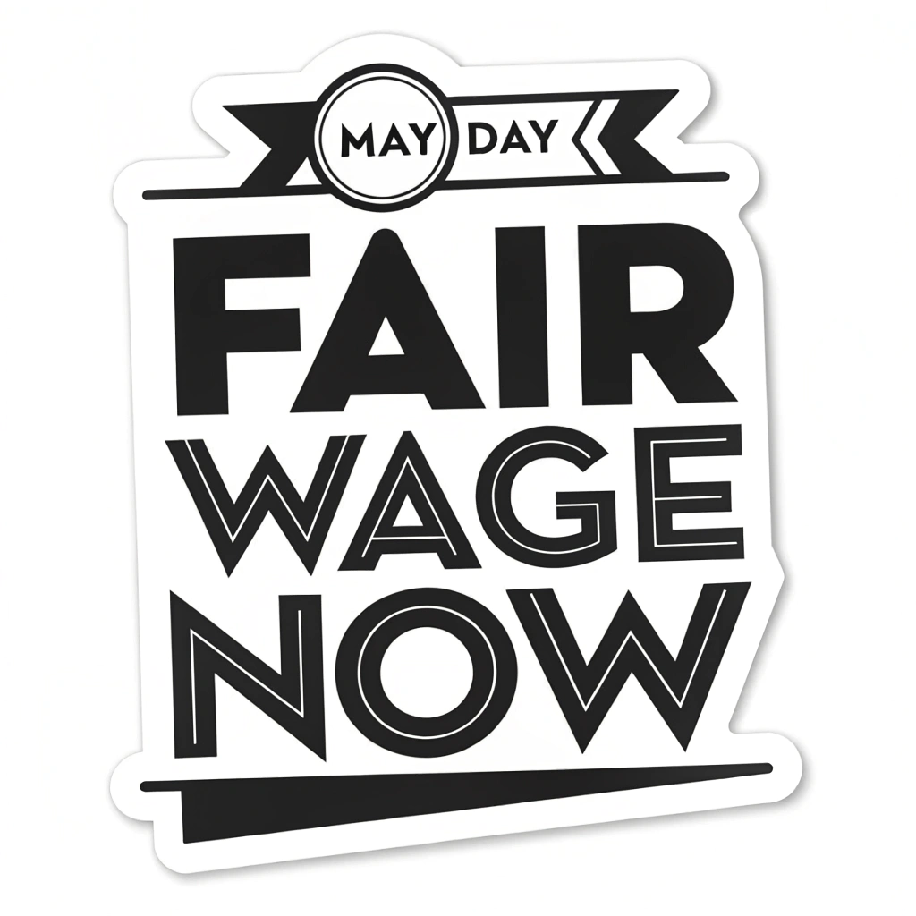 Bold Typography Focus: 'Fair Wage Now' in a strong, modern sans-serif typeface. 'May Day' subtly integrated. High contrast colors (e.g., black on white, or red on white).