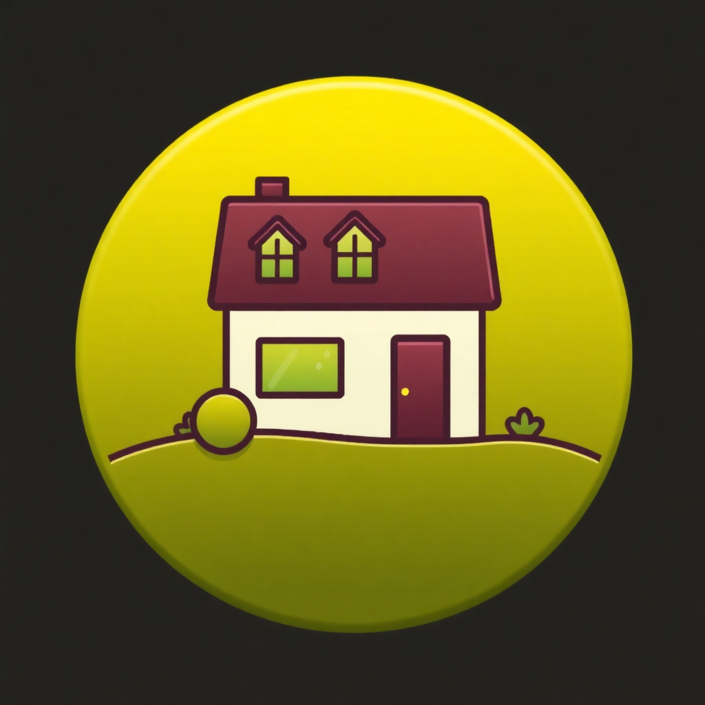 The image is a circular icon with a yellow background. In the center of the circle, there is a small house with a red roof and a white exterior. The house has two windows on the front and a red door on the right side. There is a green lawn in front of the house and a small tree on the left side. The overall design is simple and cartoon-like.