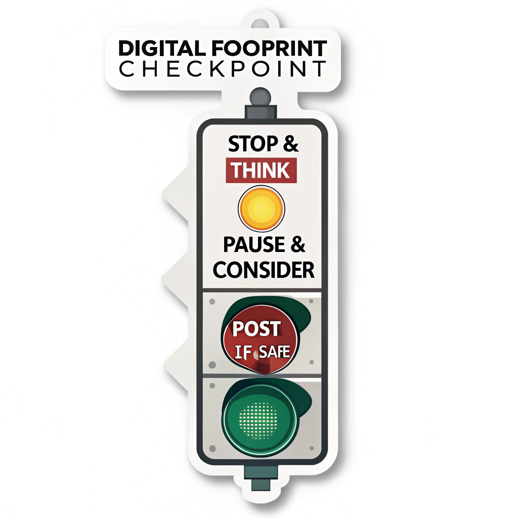 A sticker resembling a vertical traffic light. Red light says 'STOP & THINK', yellow says 'PAUSE & CONSIDER', green says 'POST IF SAFE'. Title above: 'Digital Footprint Checkpoint'.