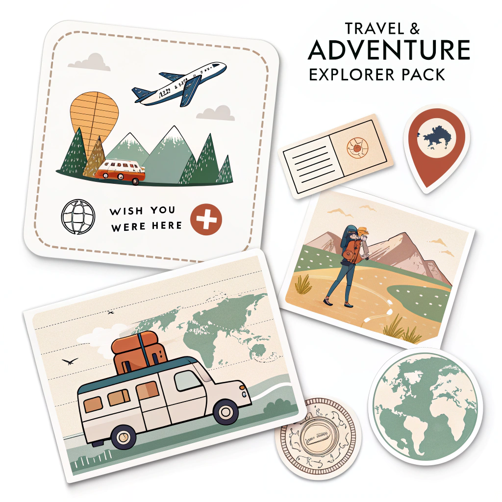 Travel & Adventure Explorer Pack: Stickers of passport stamps for various countries, animated location pins, 'Wish You Were Here' postcard-style frames, and vehicle icons (plane, camper van, train) with customizable text fields for destinations.