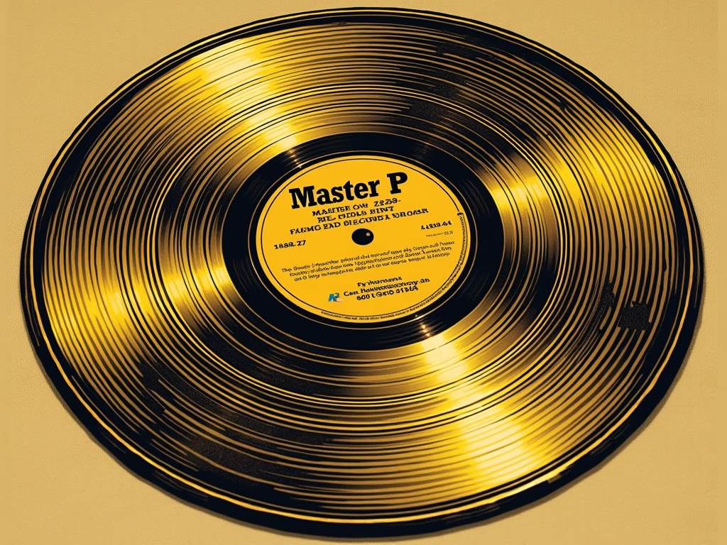 A design resembling a golden vinyl record, with the event details 'Master P - The Colonel's Golden Celebration' appearing as the record label/title. The record grooves could subtly incorporate patterns or text.