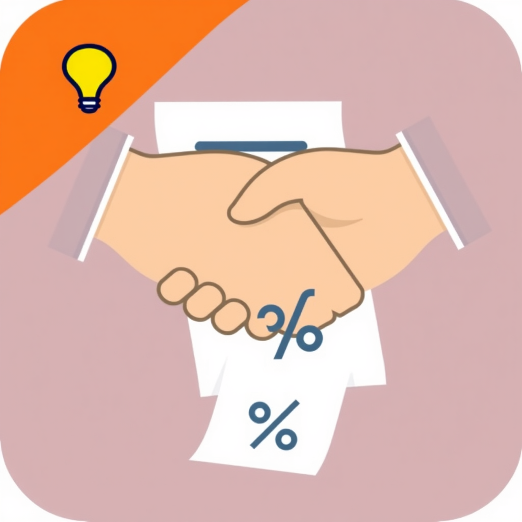 Simple Idea: Two hands shaking above a document marked with a currency or percentage symbol, symbolizing a tariff agreement.