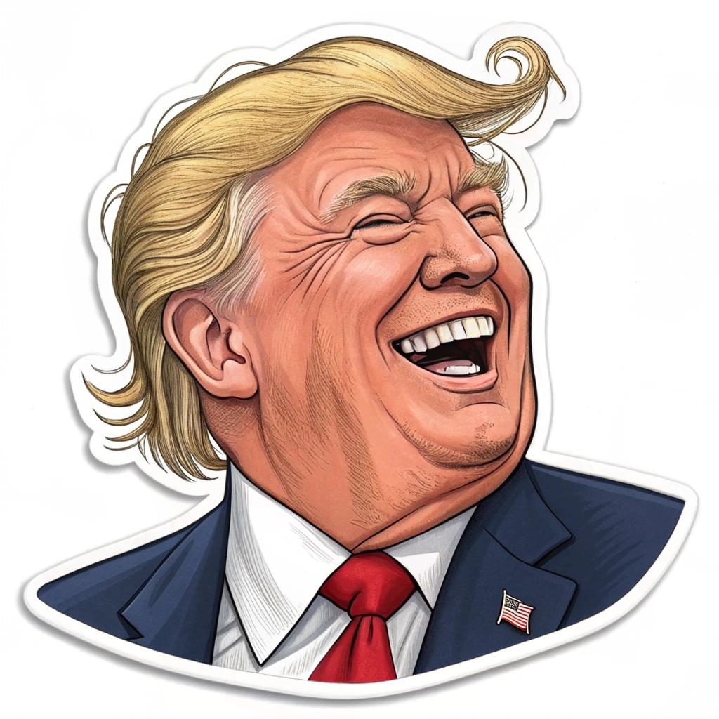 A sticker that is a caricature of Donald Trump with exaggerated features and a humorous expression.