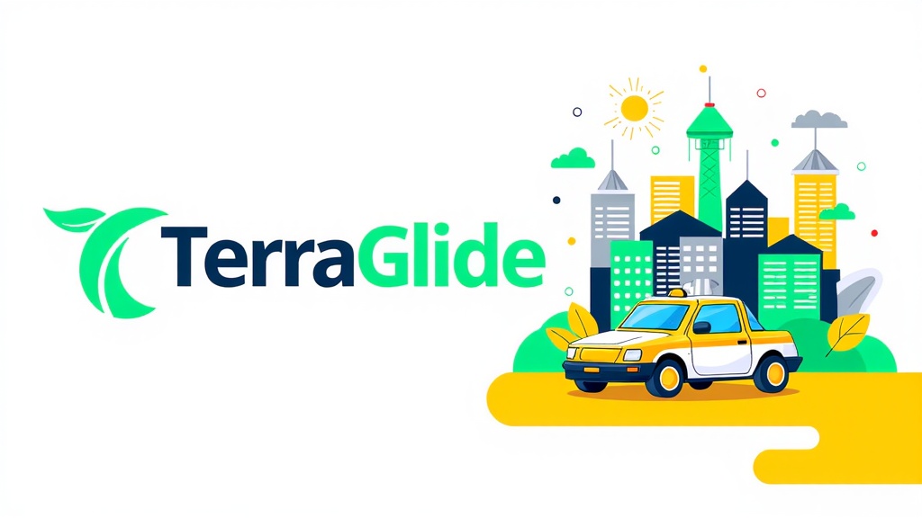 Eco-Robotaxi Logo Concept: A modern typographic logo (e.g., 'TerraGlide' or 'LeafMobil') for an imagined robotaxi service, where a letter subtly incorporates a leaf, wave, or green energy spark, for use on vehicles in illustrations.