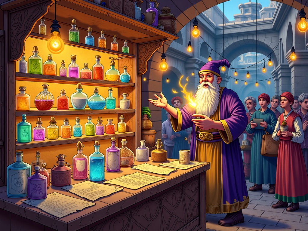 The Sorcerer's Stall: A vibrant souk illustration centered on a mysterious merchant's stall. This stall is overflowing with glowing potions, ancient scrolls, enchanted amulets, and bubbling concoctions. The sorcerer-merchant, with a long beard and mystical robes, is demonstrating a magical effect—perhaps making spices dance or a small object levitate—to a captivated crowd of shoppers. The background depicts the general bustle of the souk with arches and textured walls.