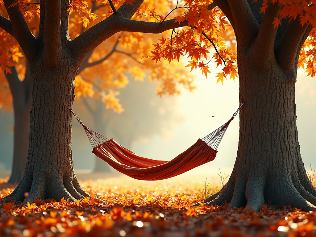 A hammock strung between two trees filled with the crisp air of an autumn morning, leaves slowly descending around it.