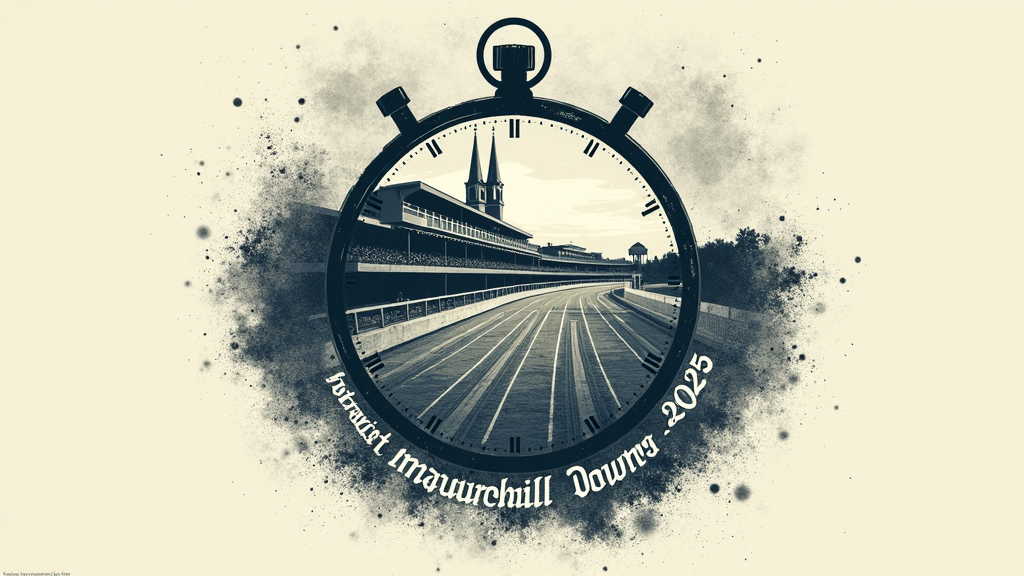 Racetrack as Chronometer Face: The iconic oval shape of the Churchill Downs racetrack transformed into the face of a chronometer. The twin spires are visible. The finish line is highlighted. 'Fastest Two Minutes - 2025' text follows the curve of the track.