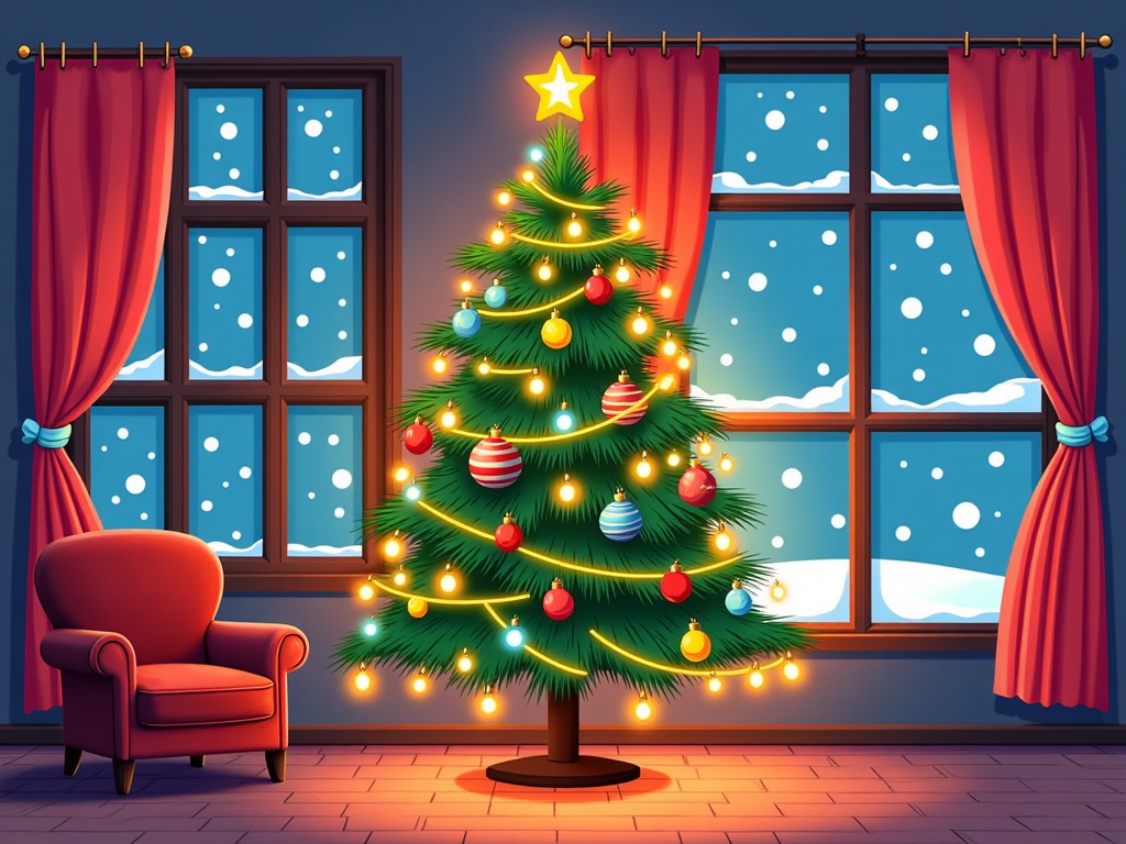 The image shows a living room with a Christmas tree decorated with lights and ornaments, a star on top, and a red chair in front of a window with curtains. Through the window, we can see snow outside.