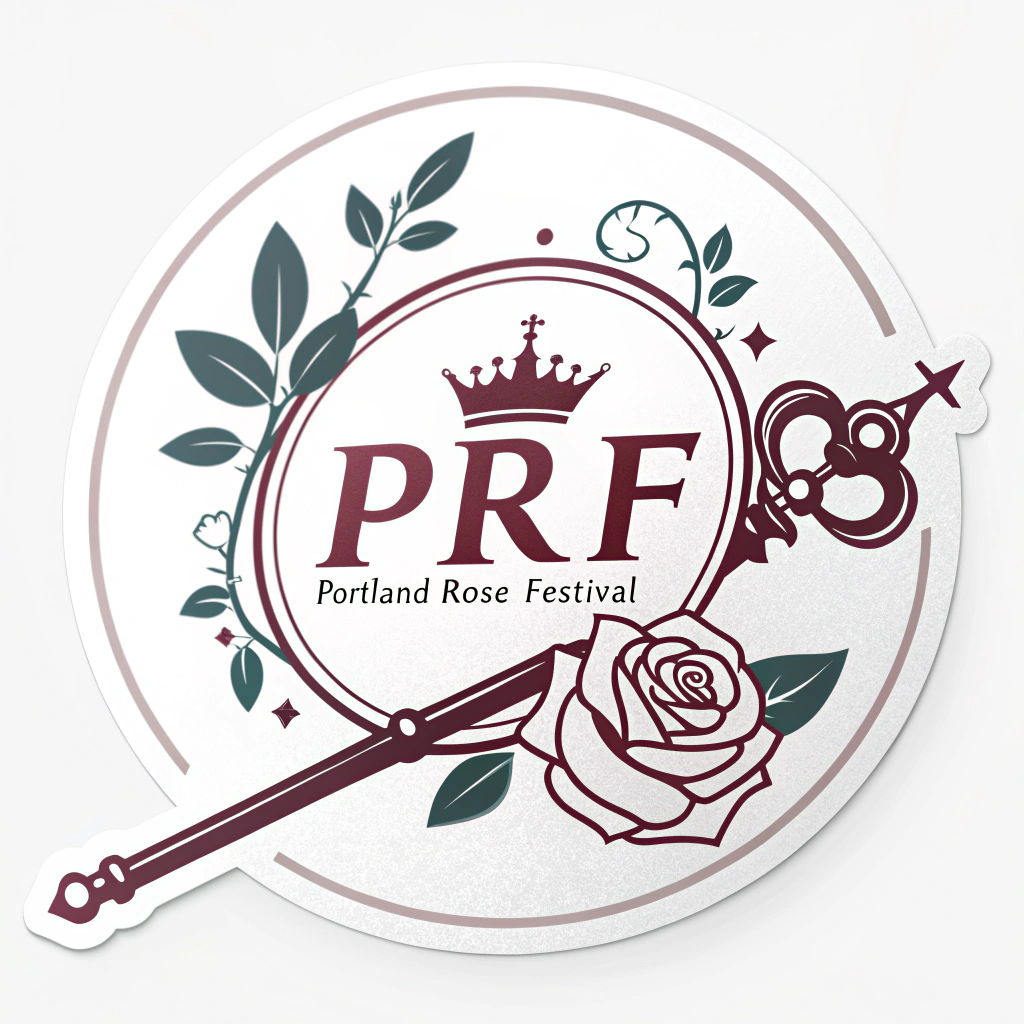 Logo Idea: A circular emblem containing a stylized rose that subtly incorporates the shapes of a crown's points and a scepter's handle, with 'PRF' (Portland Rose Festival) integrated cleanly.