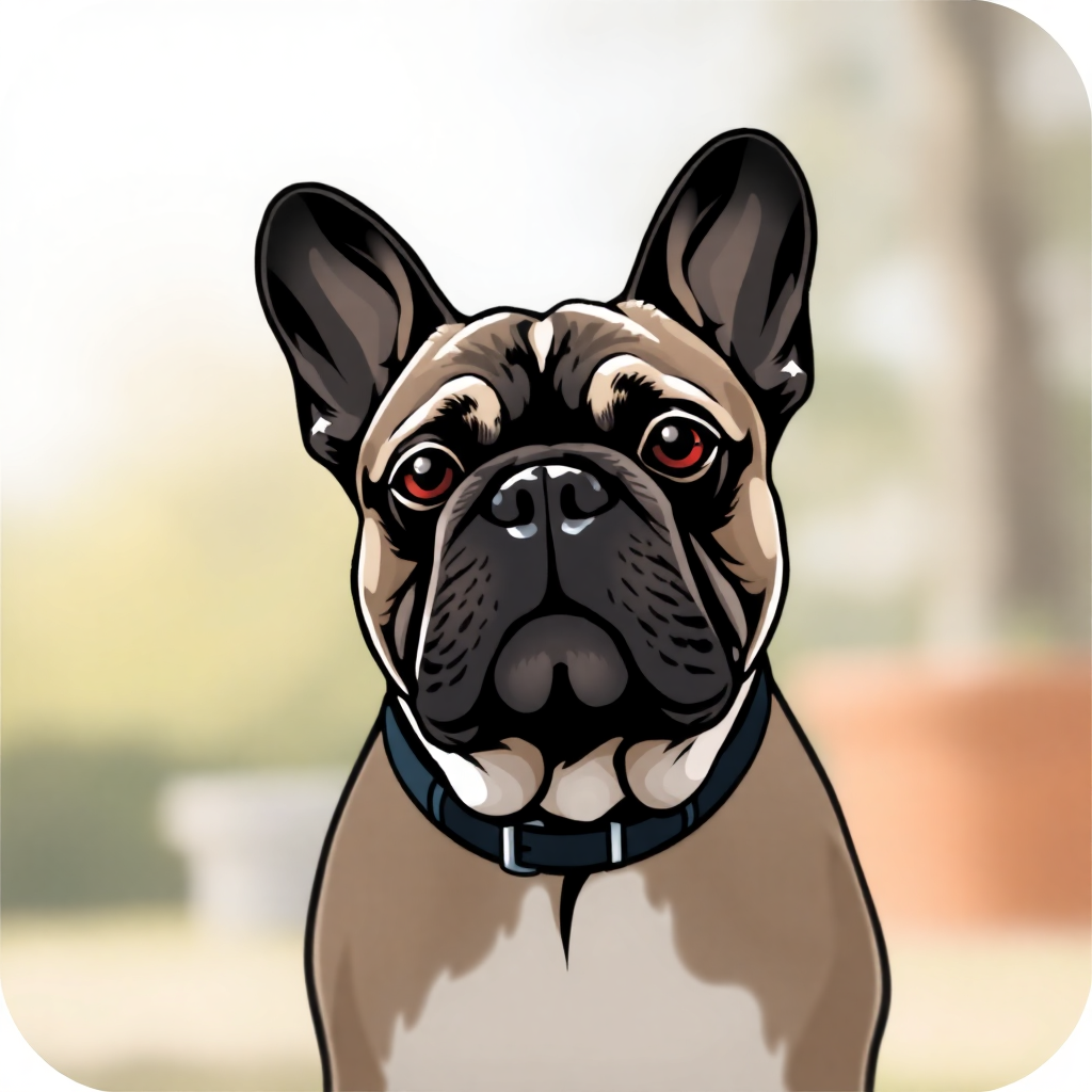 The image is a digital illustration of a French Bulldog. The dog is facing the camera and is wearing a blue collar around its neck. The background is blurred, but it appears to be an outdoor setting with trees and a building in the distance. The focus of the image is on the dog's face, which is the focal point of the illustration. Its fur is a light brown color and its eyes are a deep red. Its nose is black and its mouth is slightly open, as if it is looking directly at the viewer.