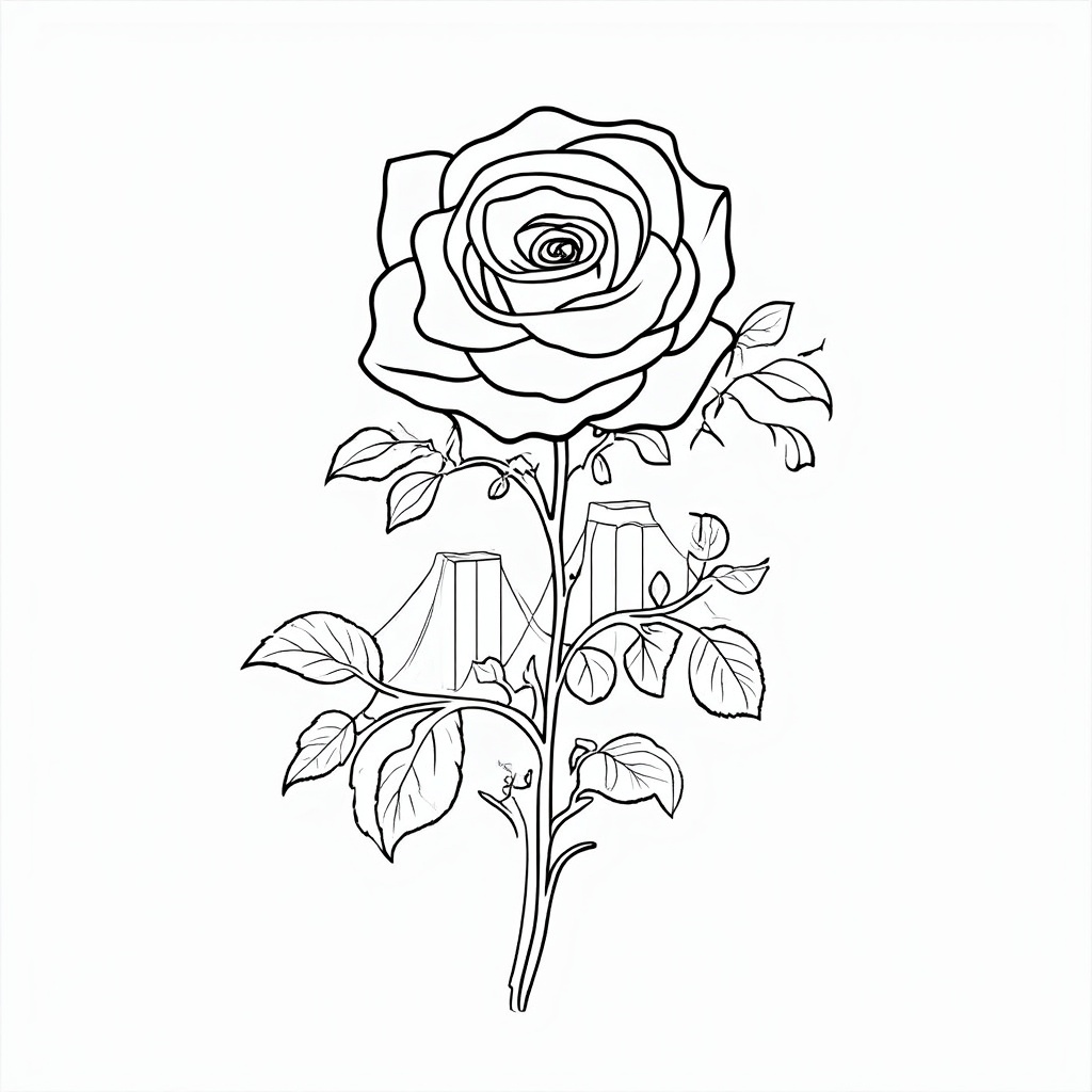 Simple Icon Idea for the Coloring Book Project: A stylized, single rose emblem elegantly intertwined with a minimalist outline of a recognizable Portland landmark, such as the Steel Bridge's towers or the shape of the Portland Oregon Sign.