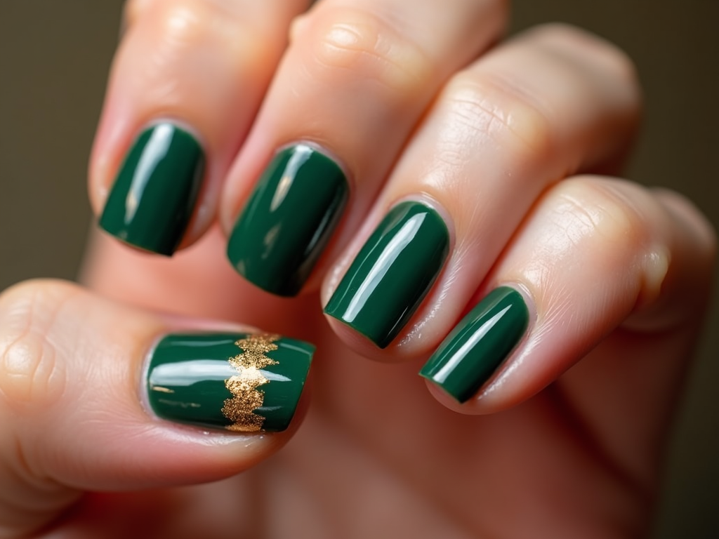 Simple yet stunning Thanksgiving nails with a single gold-glittered accent nail against a backdrop of deep green, representing fallen leaves.