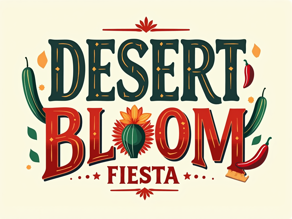 Simple logo idea: A typographic logo 'Desert Bloom Fiesta' or 'Cinco Bloom' where elements like a cactus flower or a chili pepper replace a letter (e.g., the 'o') or are used as decorative flourishes around the text.