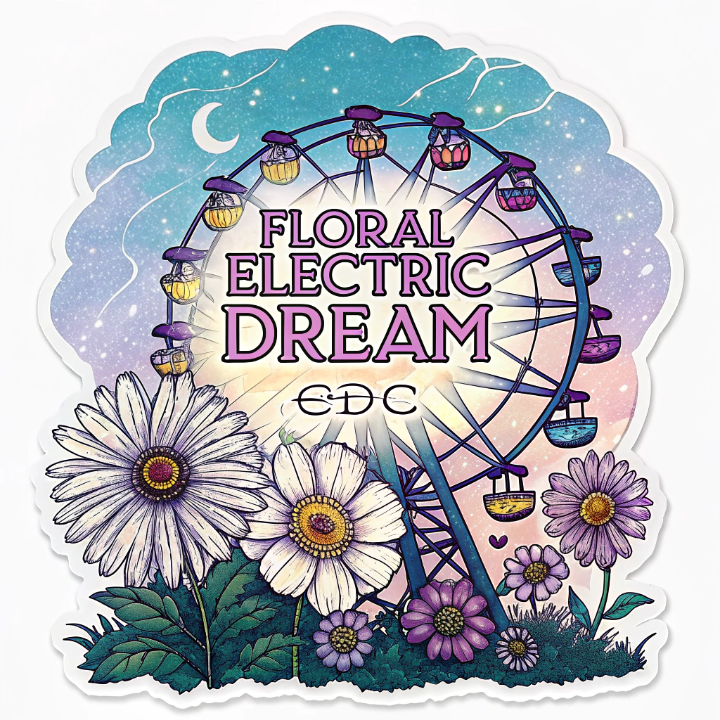Floral Electric Dream: The Ferris wheel structure intricately adorned with iconic EDC daisies, where each petal glows with a different neon hue. The sky behind is a dreamy, ethereal blend of electric blues and purples, accented with subtle lightning bolt motifs to capture the 'electric' theme.