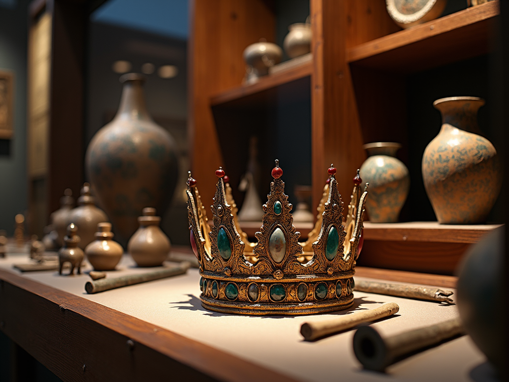 Crown sitting among artifacts, illustrating stories of ancient empires with rich histories and cultures.