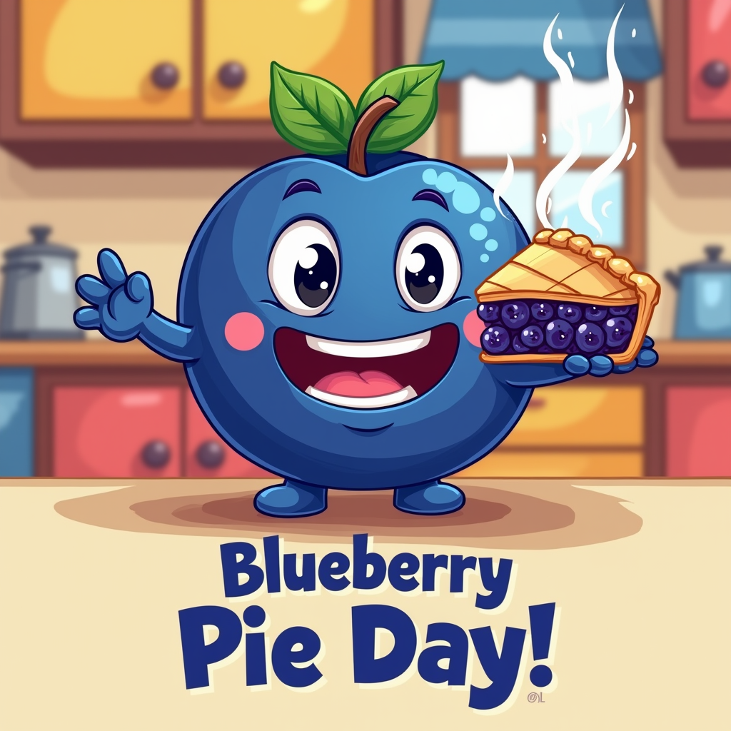 Cute cartoon blueberry character with big eyes, happily holding a steaming slice of blueberry pie. Text below: 'Happy Blueberry Pie Day!'