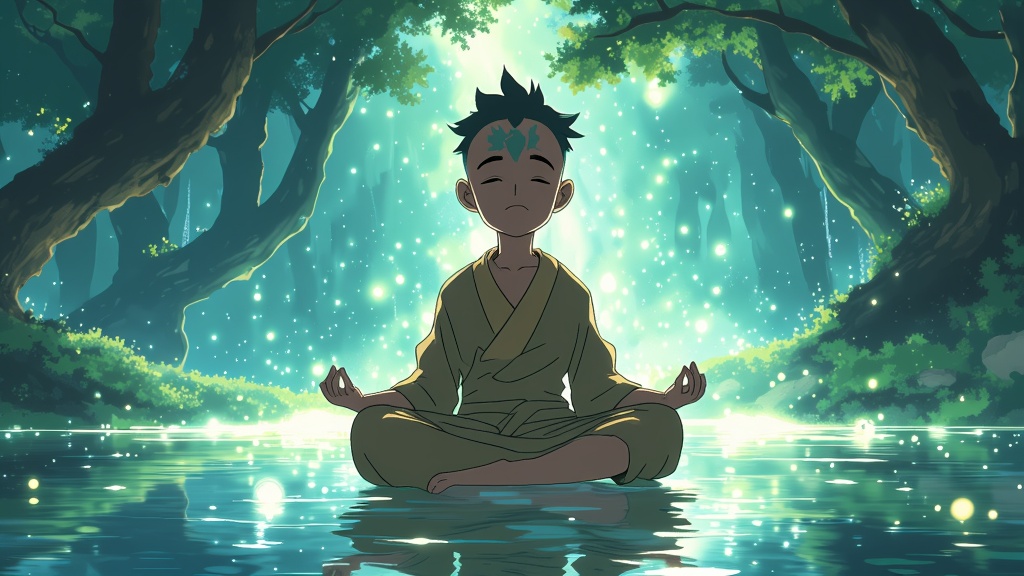 A reflective scene of Aang meditating in the Spirit Oasis, surrounded by ethereal lights and calming waters, representing his spiritual growth.