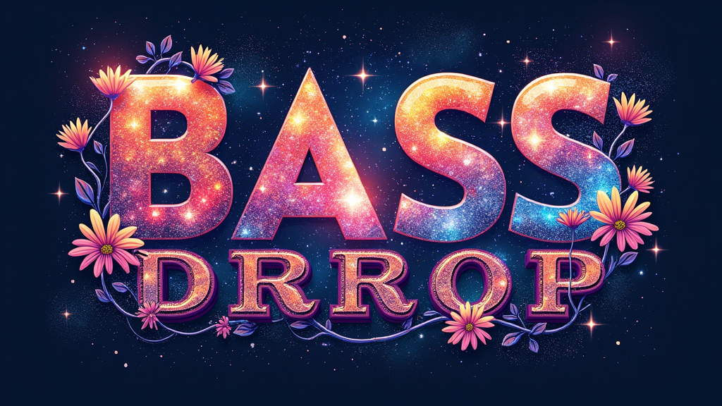 A typographic design where 'BASS DROP' is the central, bold element, with each letter filled with a different cosmic texture (e.g., 'B' is a nebula, 'A' is a cluster of stars). Subtle electric daisy vines intertwine with the letters, and the background is a deep space galaxy.
