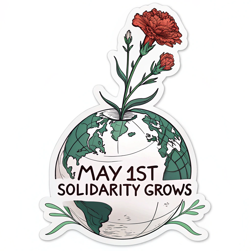 Sub-design 4 (Growing Hope Globe): A globe from which a symbolic plant (like a red carnation, often associated with labor movements, or a sturdy seedling) is depicted growing upwards, signifying hope, renewal, and the fruits of collective action. Include 'May 1st - Solidarity Grows' text.