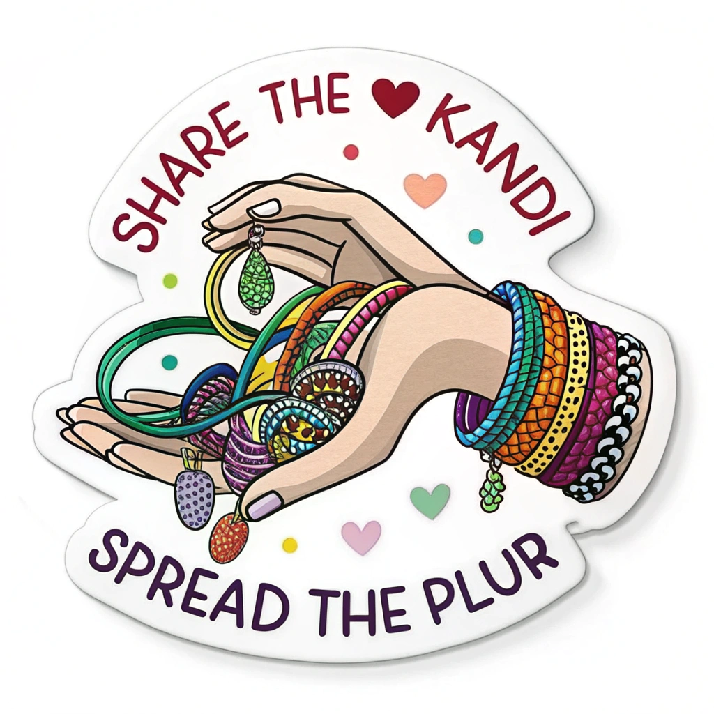 A sticker showing one hand at the top 'gifting' or 'sharing' a cascade of diverse Kandi bracelets downwards, possibly towards an implied receiving hand or just into a colorful pile. The phrase 'Share the Kandi, Spread the PLUR' could be incorporated in a festival-friendly font.