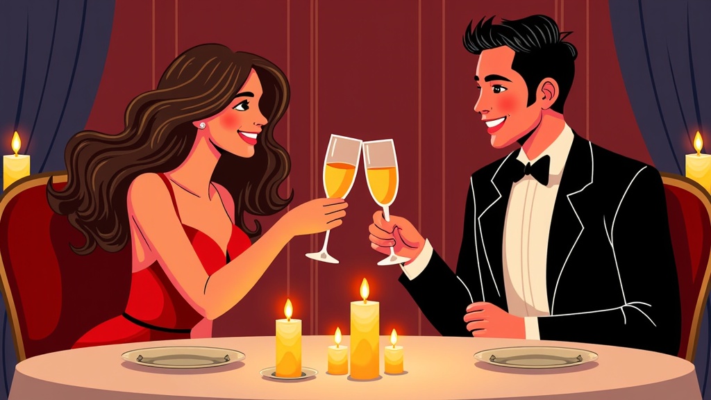 A couple toasting with champagne glasses during a romantic candlelit dinner.