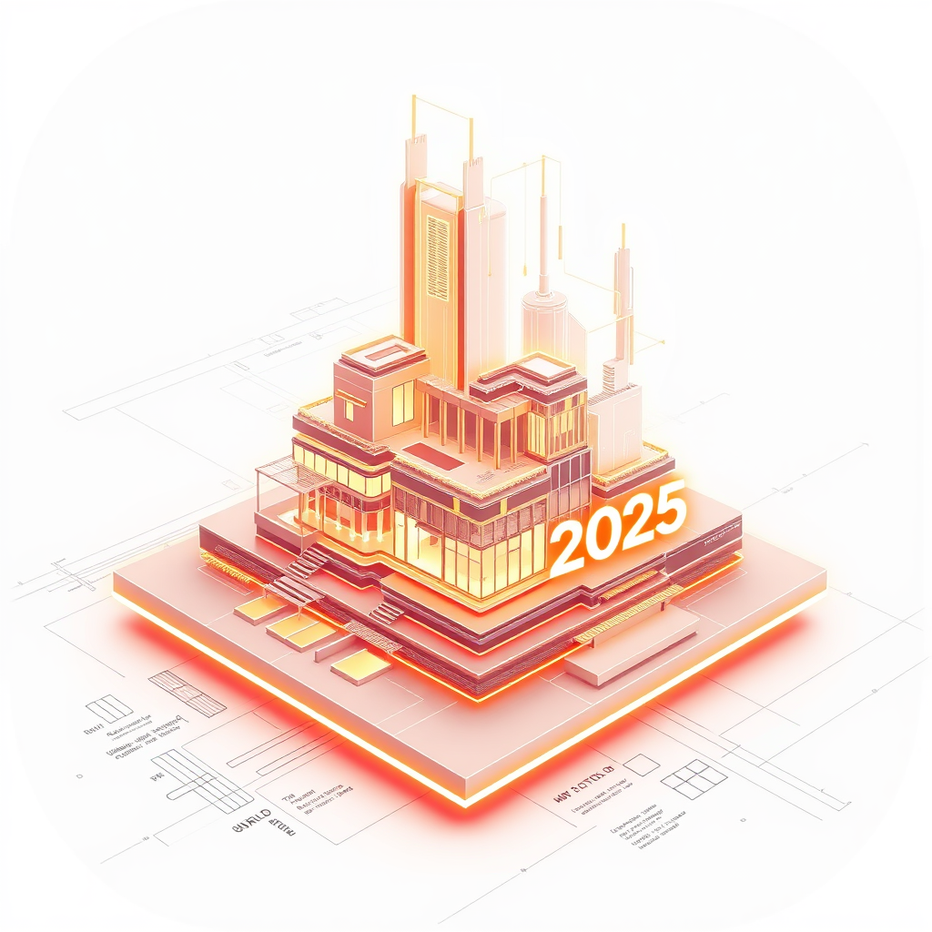 Layered Schematics: A multi-layered design with a base blueprint grid, from which futuristic architectural elements rendered with glowing lines emerge. The 'Build 2025' text is precisely typeset, integrated like schematic annotations.