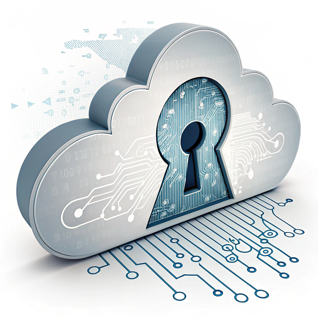 A modern cloud symbol with a centrally placed, prominent keyhole. Abstract data patterns (like flowing binary or subtle circuits) could be hinted at within the cloud, visible through or around the keyhole.