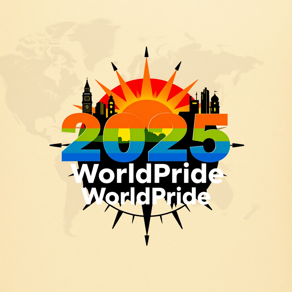 A layered design where the background features a subtle map pinpointing key LGBTQ+ historical landmarks around the world (heritage). In the foreground, a bold, modern '2025' and 'WorldPride' typography is overlaid with a rising sun or a stylized compass pointing towards the future (horizons), incorporating progressive pride flag colors.