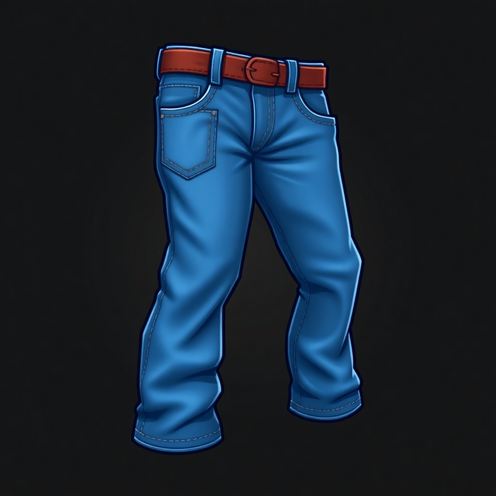 The image is a digital illustration of a pair of blue jeans. The jeans are shown from the waist down, with the front and back pockets visible. The waistband is made of a brown leather belt with a silver buckle. The background is black, making the blue jeans stand out. The image appears to be a digital drawing or illustration.