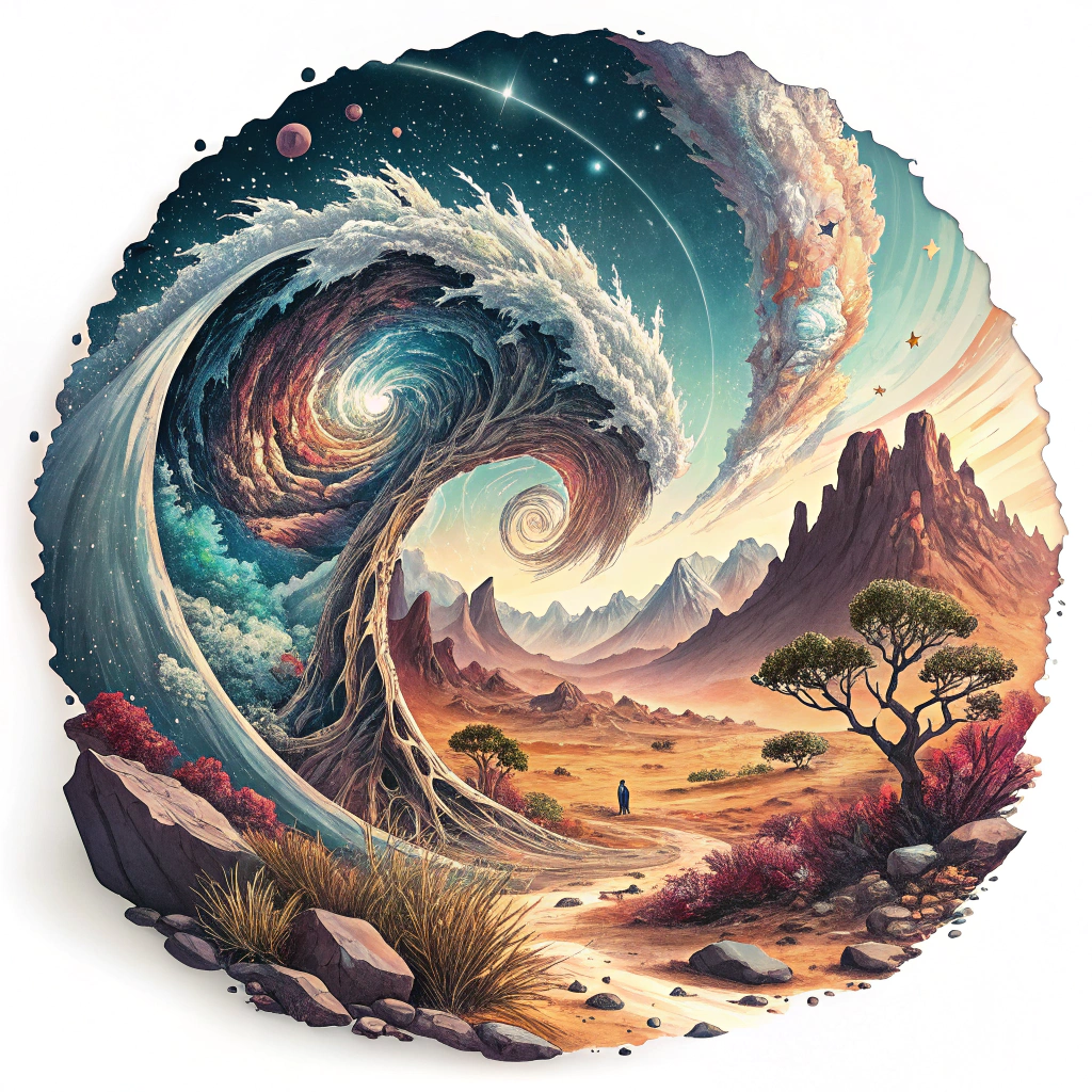 A swirling, kaleidoscopic portal sticker, revealing fragments of diverse AI-generated landscapes (deserts, forests, alien worlds) emerging, with subtle pixelation or glitch effects hinting at AI origin.