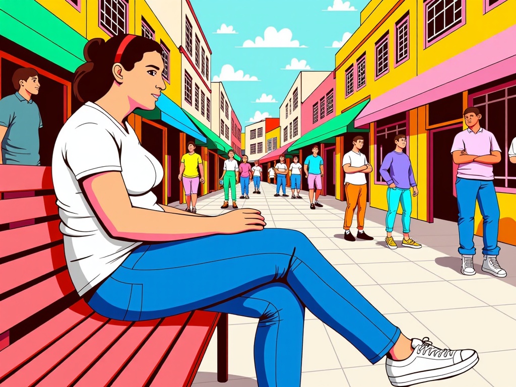 The image is an illustration of a young woman sitting on a red bench in a busy street. She is wearing a white t-shirt, blue jeans, and white sneakers. Her hair is tied up in a bun and she is looking off to the side with a thoughtful expression on her face. Behind her, there are colorful buildings with shops and people walking on the sidewalk. The sky is blue with white clouds. The overall mood of the image is peaceful and contemplative.