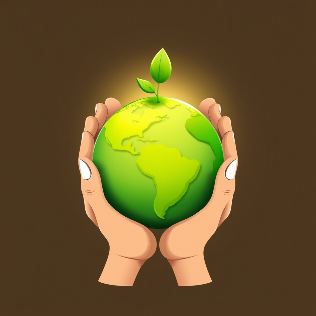 Cupped Hands Nurturing Planet: A pair of gentle hands cupping a vibrant Earth, possibly with a small green sprout emerging from the top, to emphasize care, protection, and the nurturing of new growth.