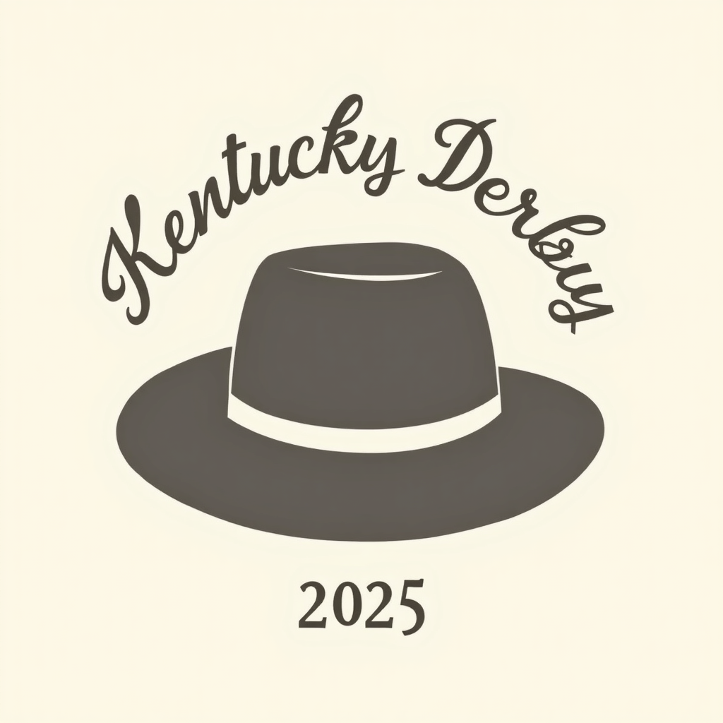 Simple Logo Idea: An elegant Derby hat silhouette as the central graphic element, with 'Kentucky Derby 2025' in a refined, sophisticated typeface arched above or below the hat, forming a cohesive emblem.