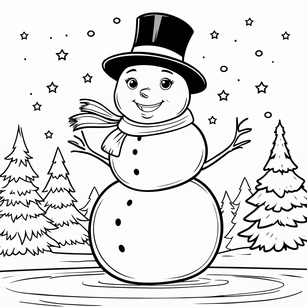 The image shows a snowman with a top hat and scarf, surrounded by trees and stars in the background. The snowman is sketched in black and white, making it a perfect Christmas coloring page for kids.