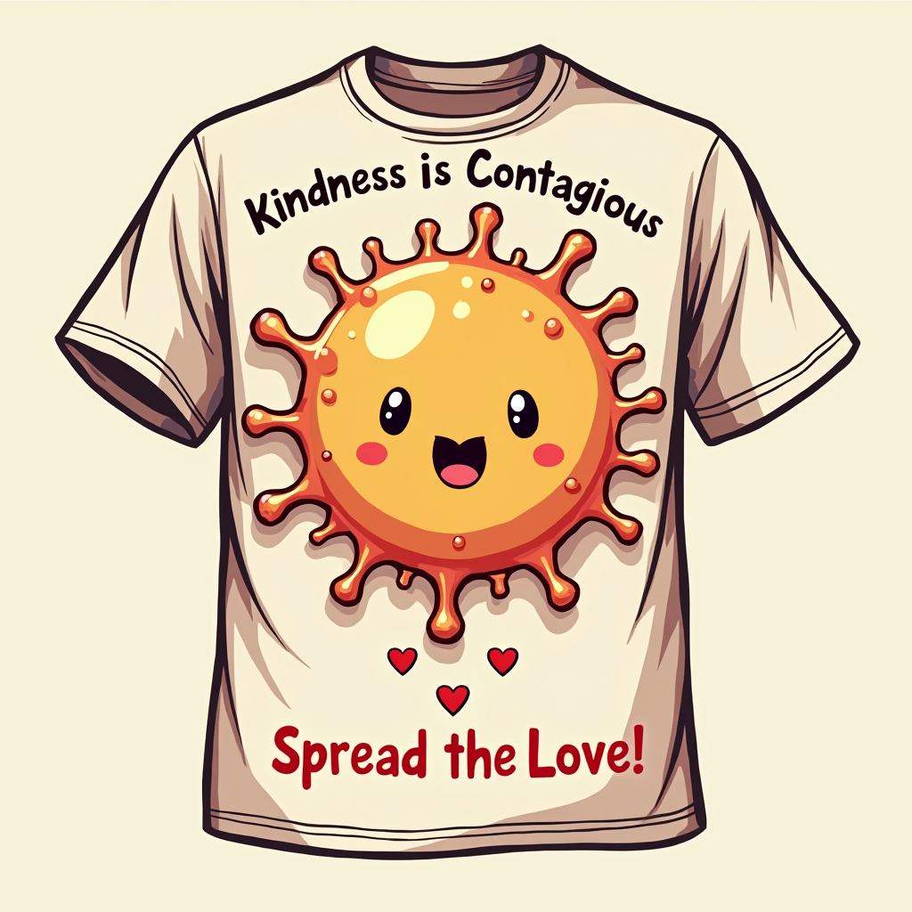 Positive 'Virus' Graphic: A playful, non-threatening cartoon 'germ' or 'cell' graphic with a smiley face or heart shape, shown multiplying or spreading gently across the shirt. The text 'Kindness is Contagious, Spread the Love!' could accompany it.