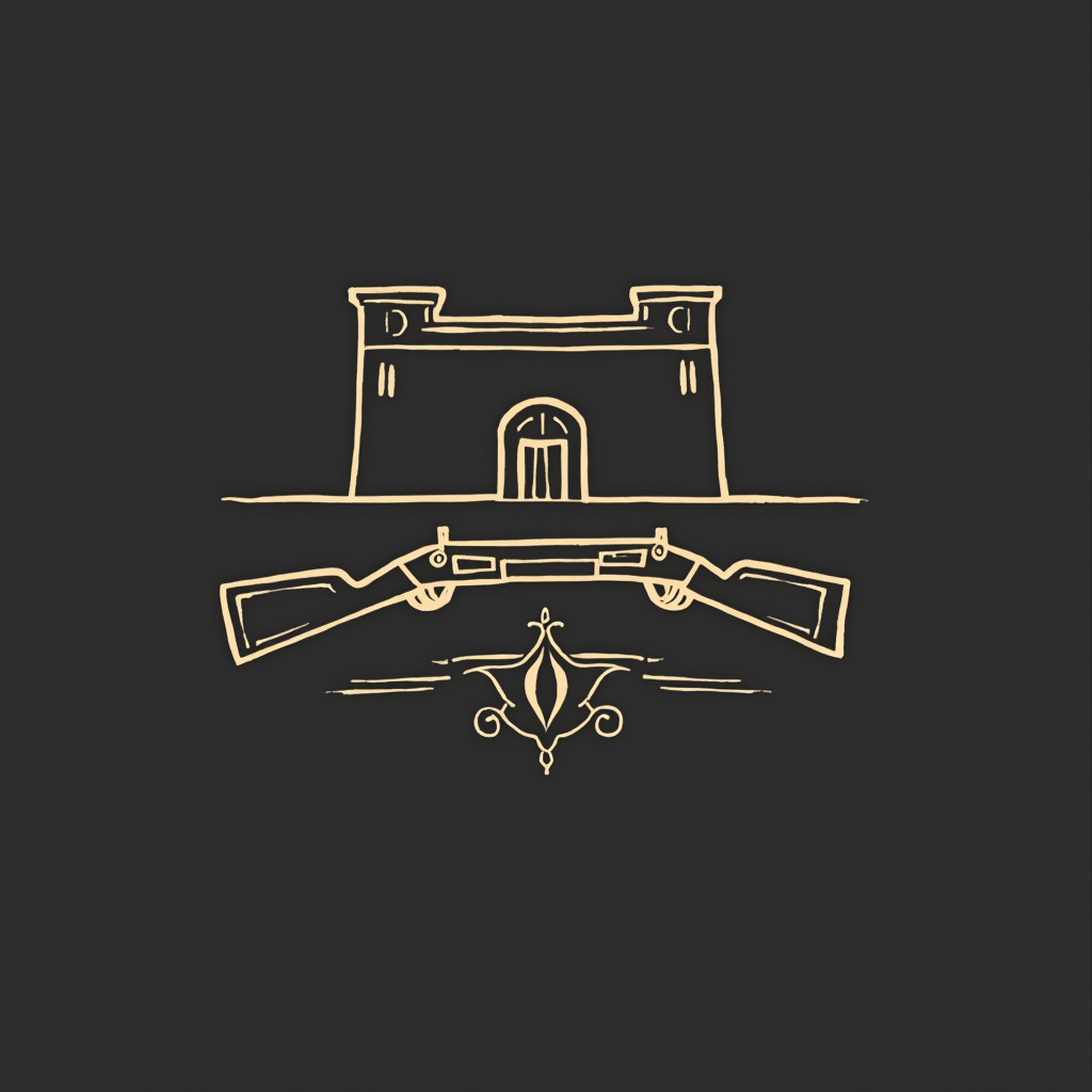 Simple Icon Idea: A minimalist icon showing a Puebla fort outline with two crossed 19th-century rifles beneath, symbolizing the Battle of Puebla's defense, suitable for a small chest print or sleeve detail.
