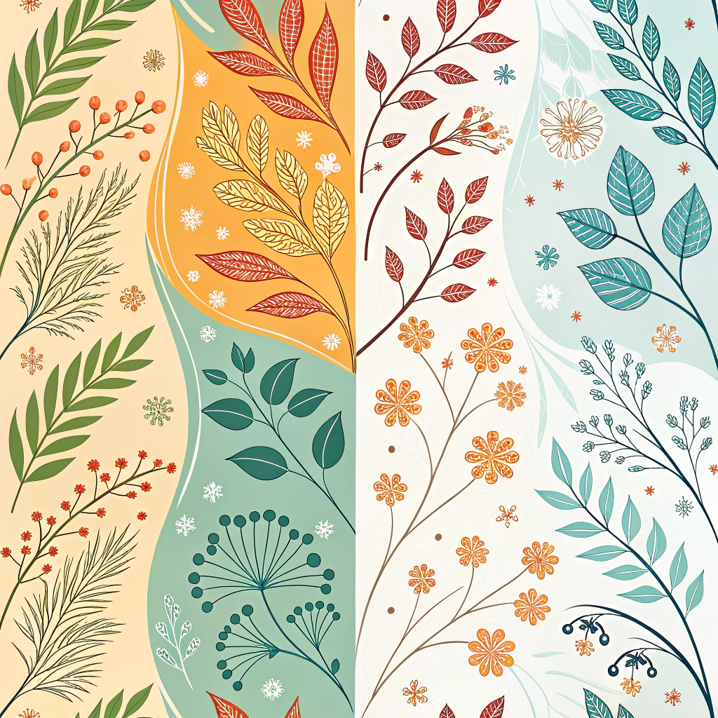 Seasonal Pigment Flow Patterns: Develop a series of pattern designs where each distinct pattern represents a specific season (Spring, Summer, Autumn, Winter). The color palettes and motifs would be exclusively derived from plants available for dyeing during that particular time of year, reflecting the cyclical nature of plant-based colorants.