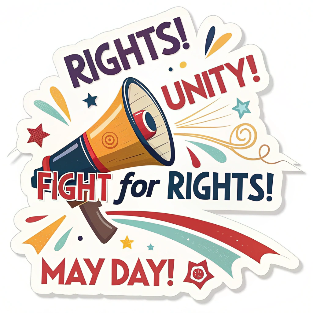 Megaphone & Action Words: A sticker with a stylized megaphone blasting out keywords like 'RIGHTS!', 'UNITY!', 'MAY DAY!'. The main slogan 'Fight for Rights!' takes center stage, visually amplified by the megaphone.