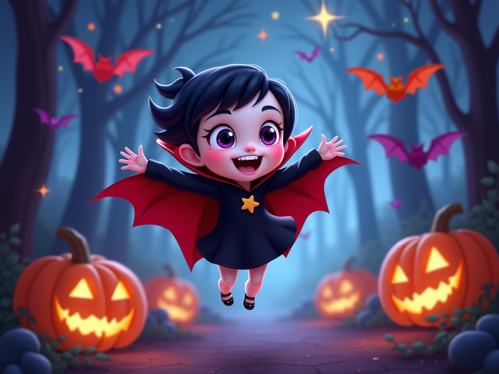 The image is a digital illustration of a cute little girl dressed up as a vampire. She is wearing a black dress with a red cape and a yellow star on her chest. She has black hair and is flying through the air with her arms outstretched. The background is a dark forest with trees and bats flying around. There are several jack-o-lanterns on either side of the path, and the ground is covered in fallen leaves. The overall mood of the image is spooky and Halloween-themed.