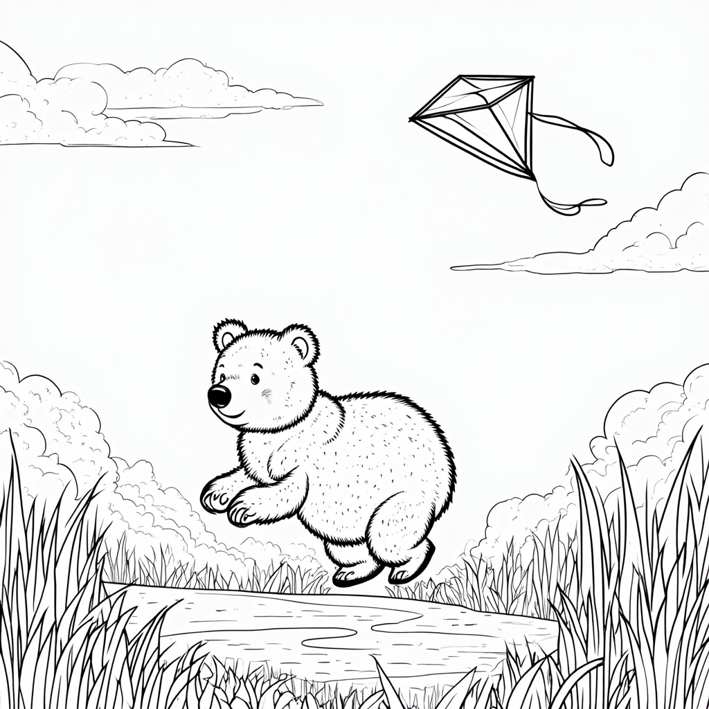 A bear running through a field with a colorful kite soaring above.