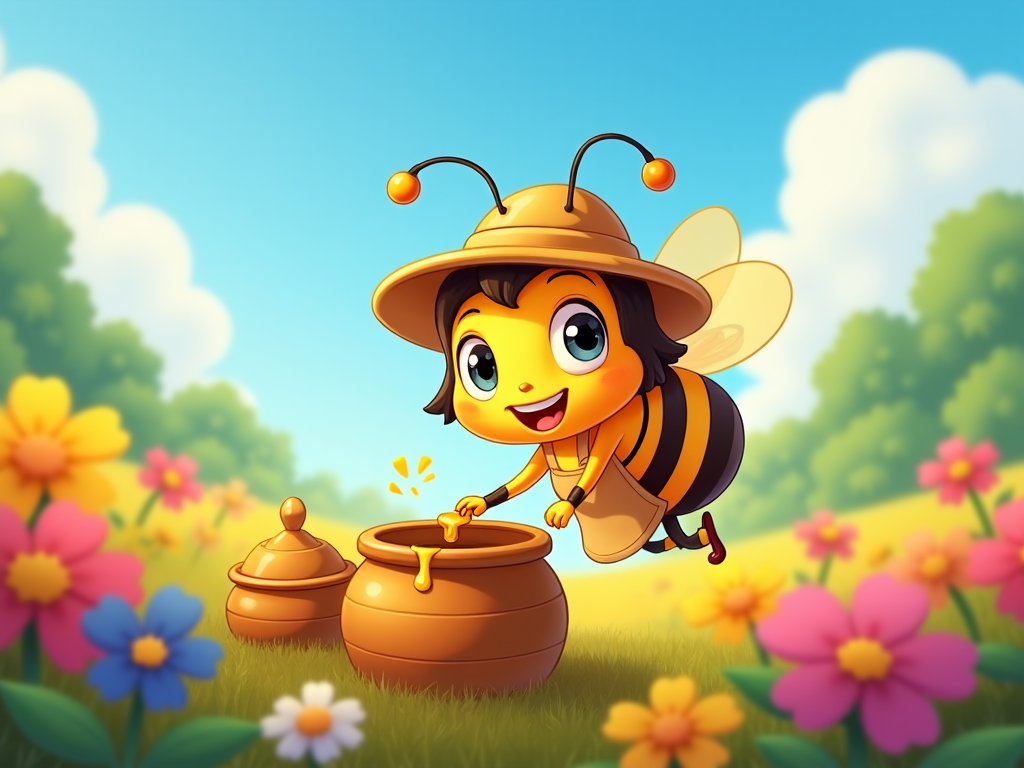 A cartoon bee loot beekeeping, taking care of its honey pots in a vibrant field, each pot glistening under the sun.