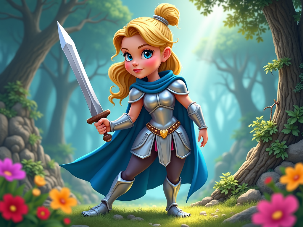 A brave princess with a determined expression, wearing armor and holding a sword, ready for an exciting adventure.