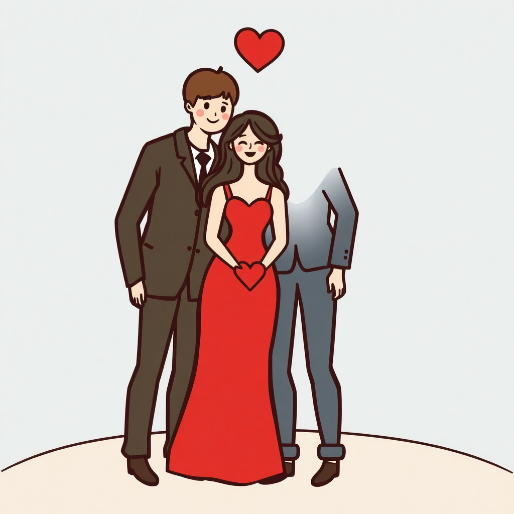 The image shows a man and woman standing next to each other with a heart above them. The woman is wearing a red dress and the man is wearing black blazer, white shirt, and black pants. The background is white.