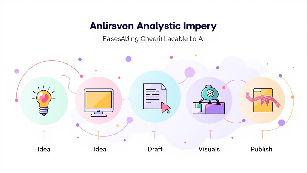 An infographic-style design illustrating a 'Content Creation Workflow Enhanced by AI'. Key stages like 'Idea', 'Draft', 'Visuals', 'Publish' are shown, with an AI icon prominently assisting the 'Visuals' stage, showcasing speed and variety.