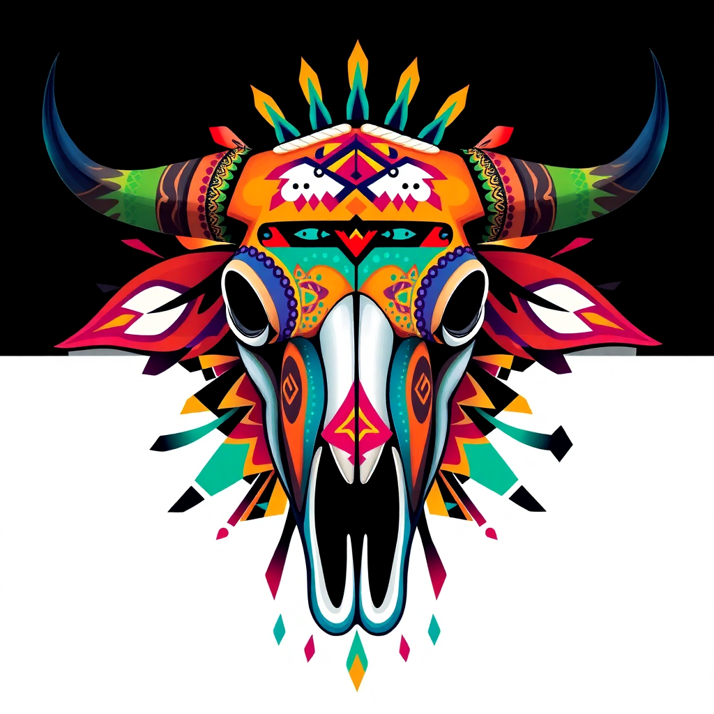 A vibrant, colorful painting of a bull skull, incorporating geometric patterns and a southwestern aesthetic.