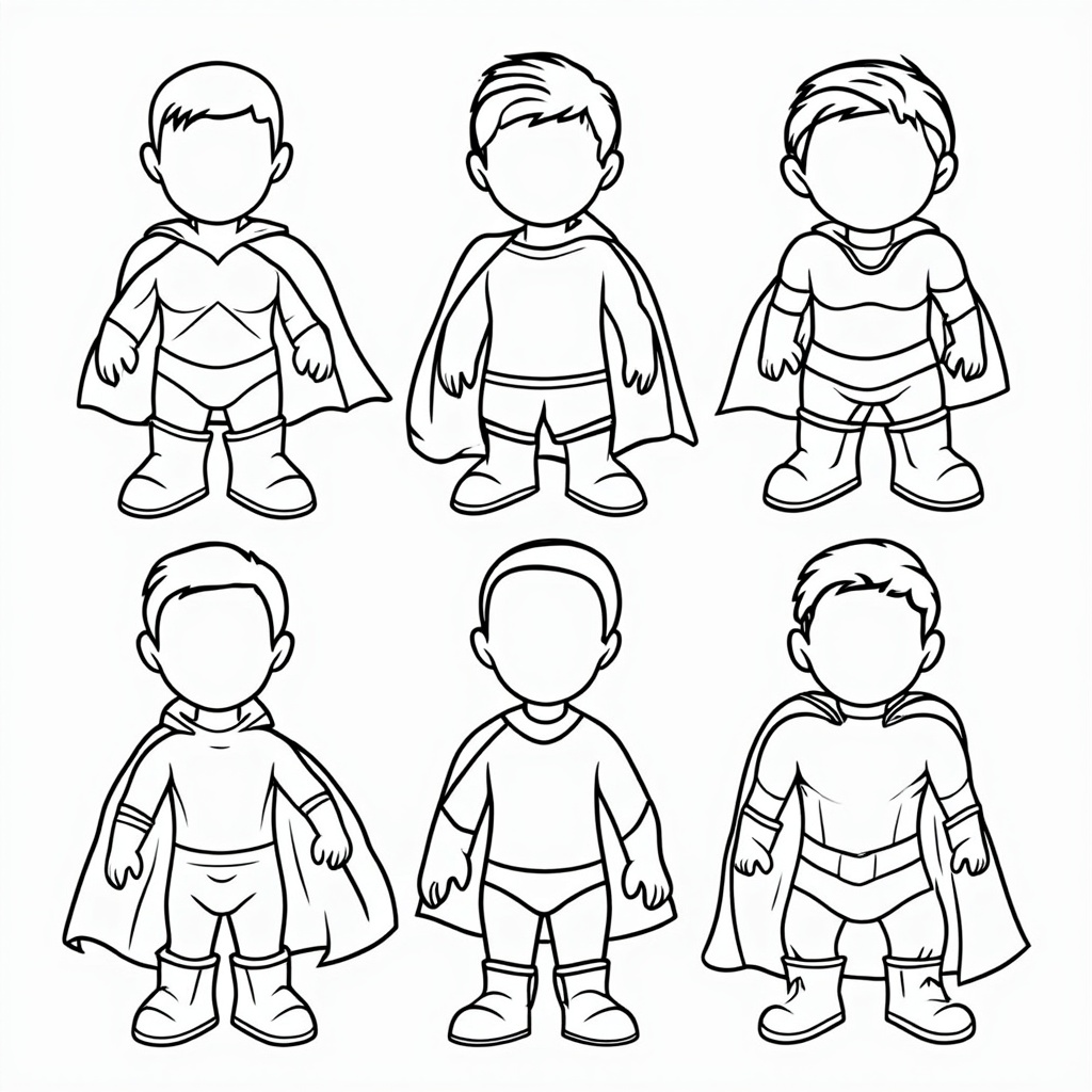 Each superhero's silhouette is provided with blank spaces inside for kids to design their own costume details before coloring.