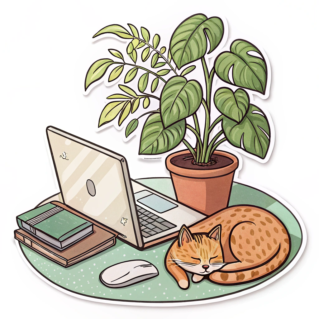 A cozy room setup with a laptop, plant, and a cat sleeping nearby.