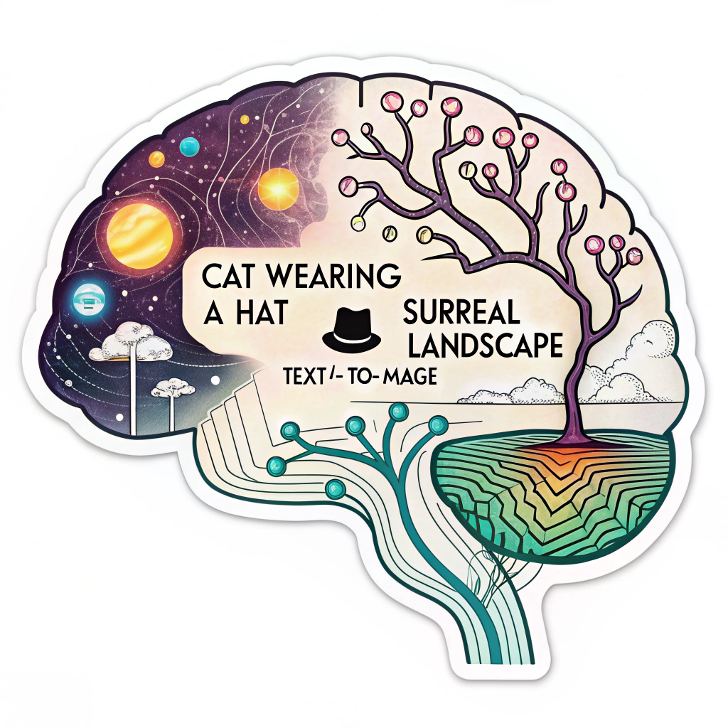 A sticker depicting a stylized brain with glowing circuits. Text prompts like 'a cat wearing a hat' or 'surreal landscape' flow into one side, and vibrant, fantastical images emerge from the other side, showcasing the 'text-to-image' transformation.