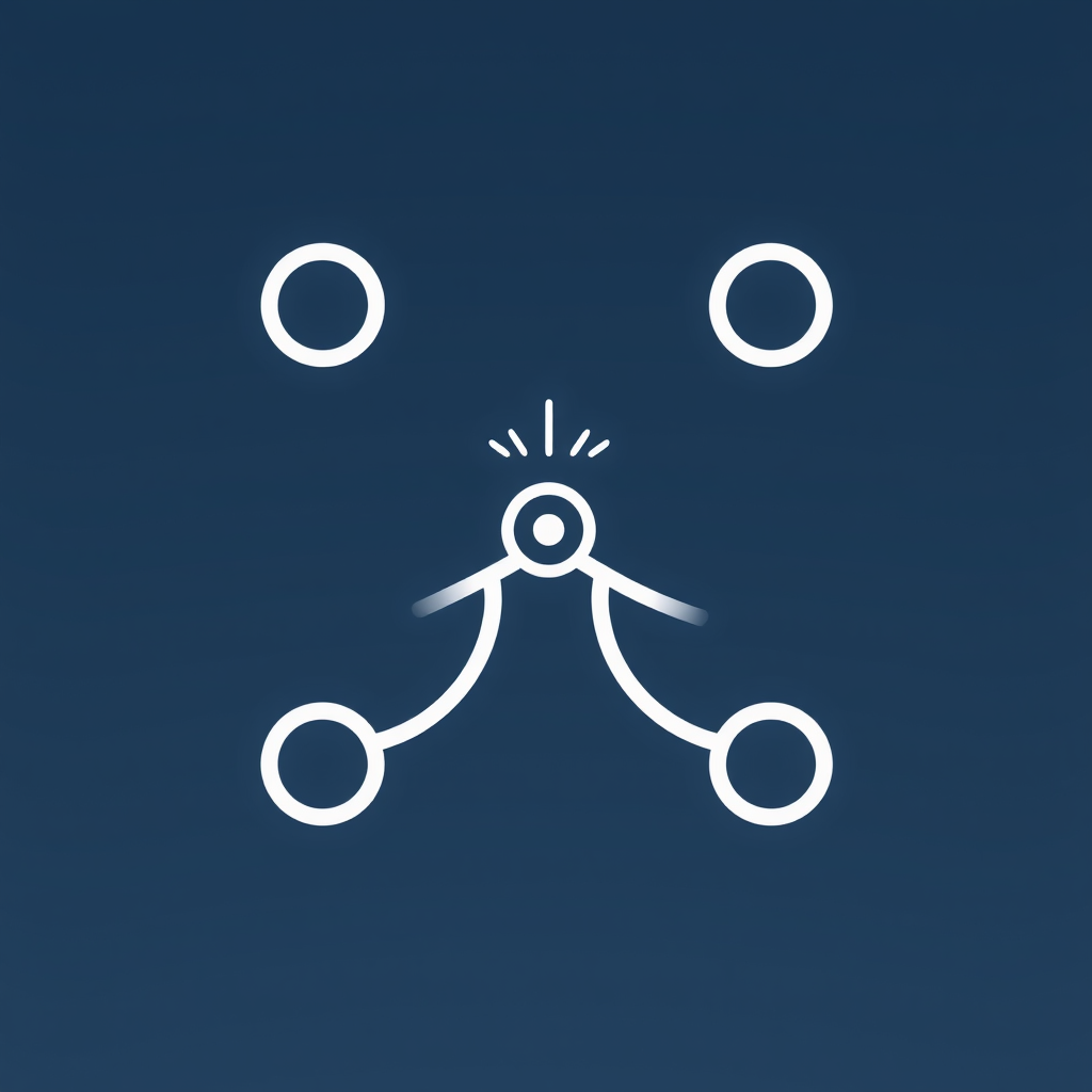 Simple Icon Idea: Three minimalist circles interconnected to form a Y-shape or a tight cluster. A single, bright dot or a tiny starburst effect appears at the central meeting point of the connecting lines, representing the 'spark'.