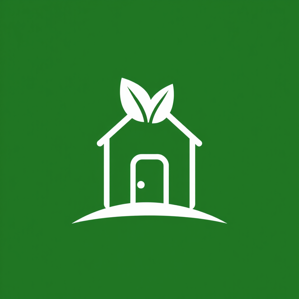 A simple house icon combined with a leaf or sprout symbol emerging from its base or roofline, representing growth, new beginnings, and sustainable, affordable living.